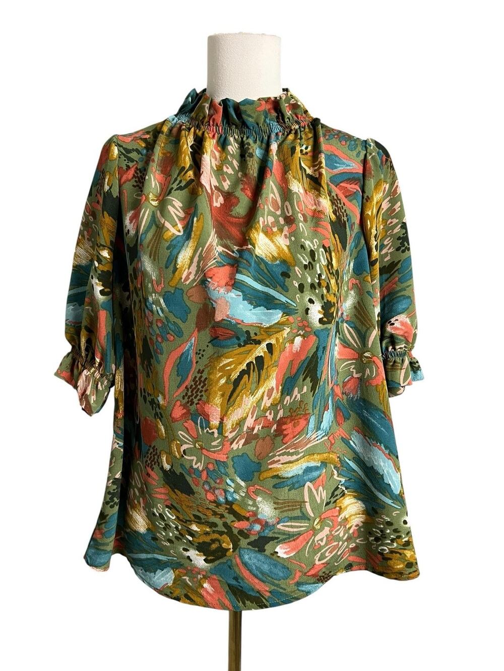 2 Hearts Tunic Blouse Womens Medium Multicolor Floral Ruffle High Neck Top Boho